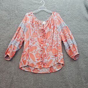 Zac & Rachel XL Floral Boho Blouse  Lace Accents Lightweight Sleeves Ruffle Fron